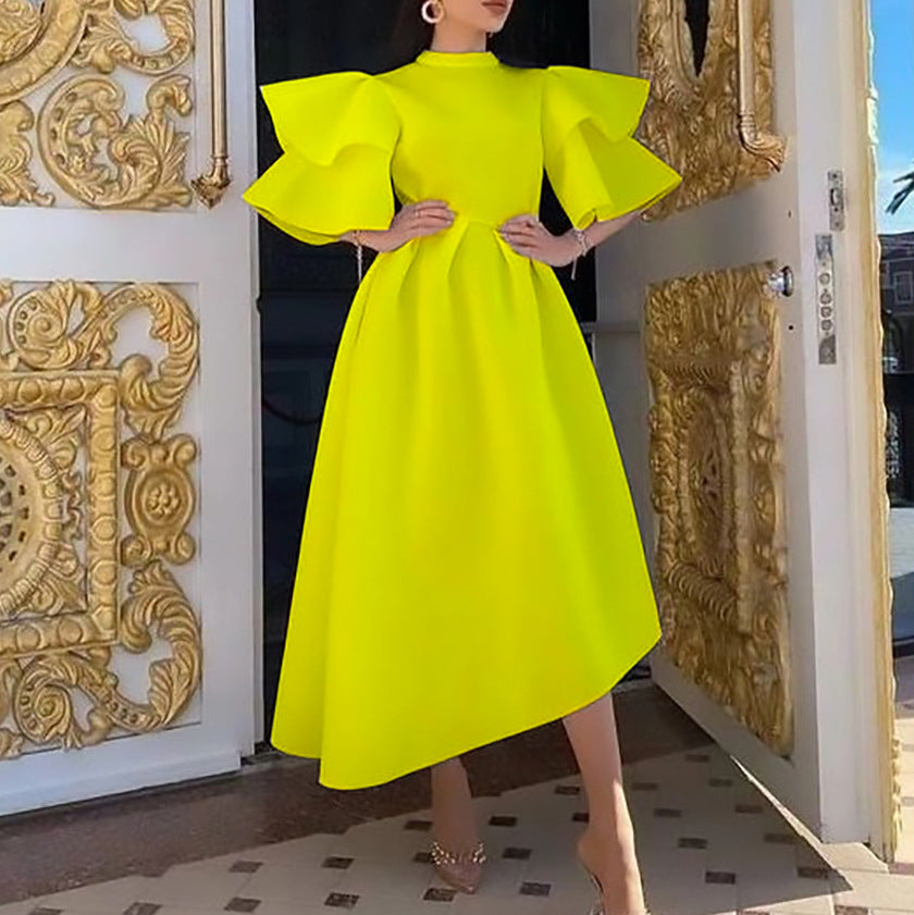 Women's foreign trade summer  new high neck ruffle sleeve high waist asymmetrical evening gown plus size european and american style dress