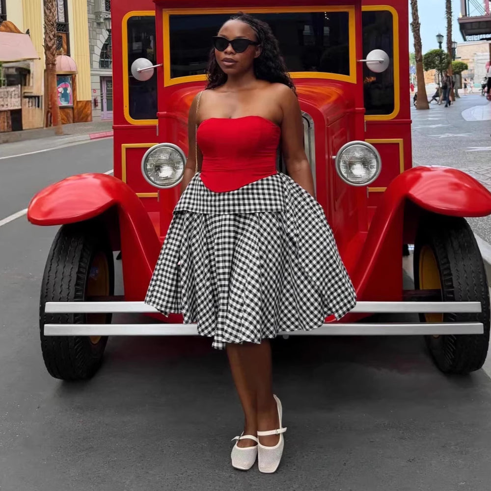European and american cross-border women's fashion:  summer new arrival - elegant high-waisted, slimming, versatile, irregular plaid a-line midi skirt