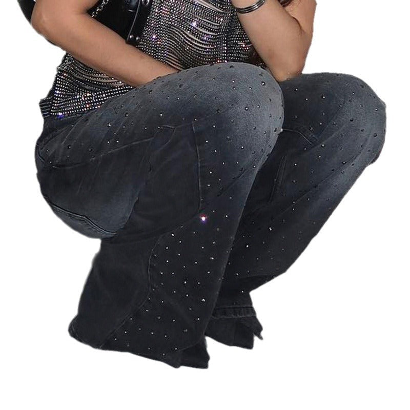 Cross-border street European and American women's clothing hot diamonds flash gradual change washing water loose denim Spice girl high waist casual trousers summer