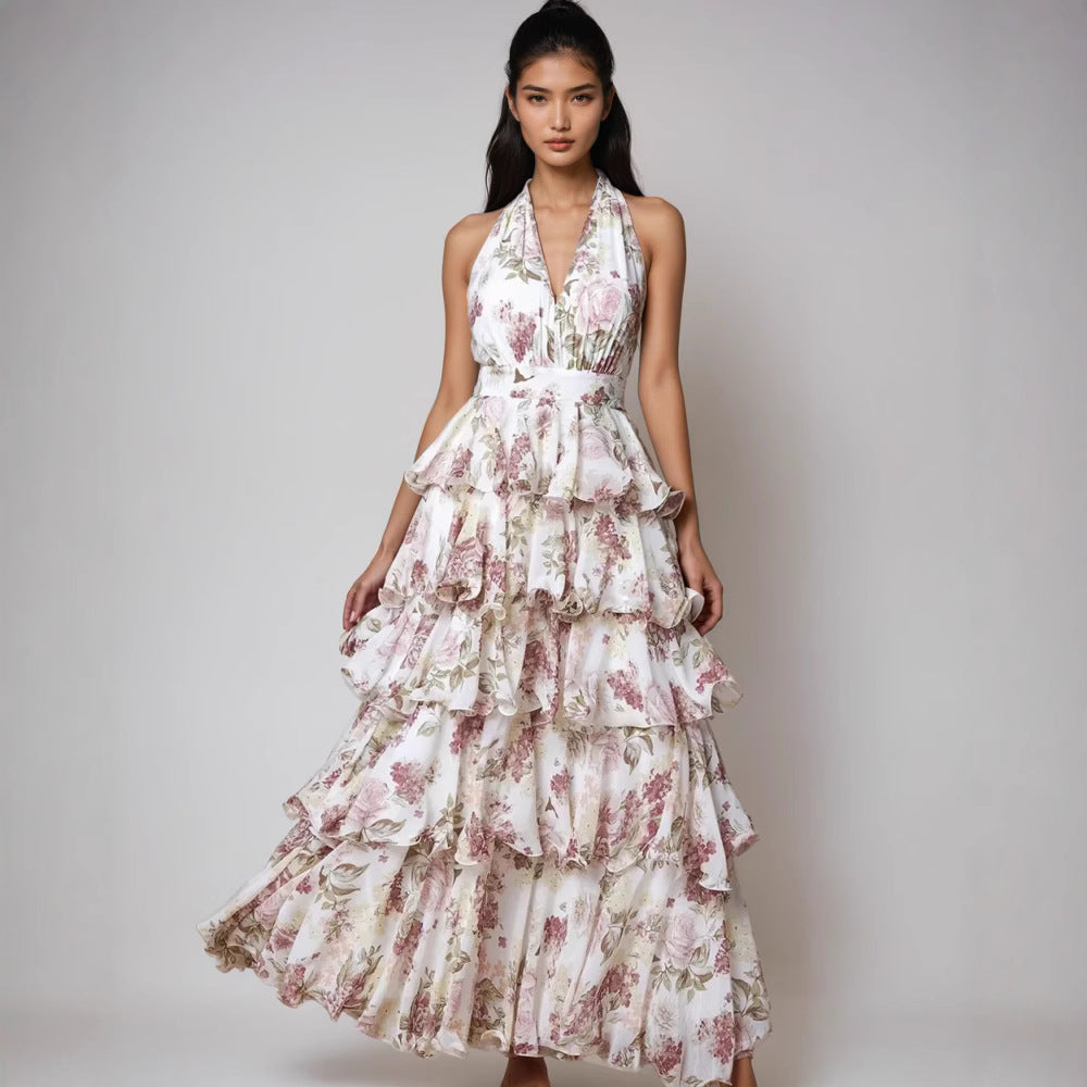 spring new arrival: european and american style women's fashionable and sexy v-neck camisole dress with multi-layered print