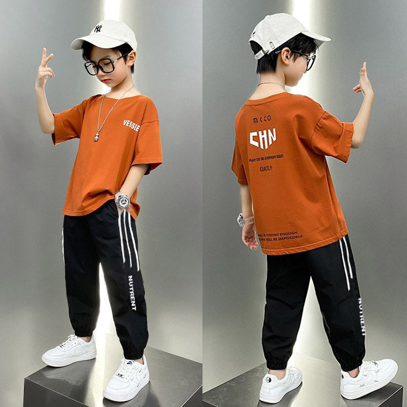Boys'  summer activewear set: kids' casual short-sleeve and pants outfit, trendy new styles for mid-to-large children
