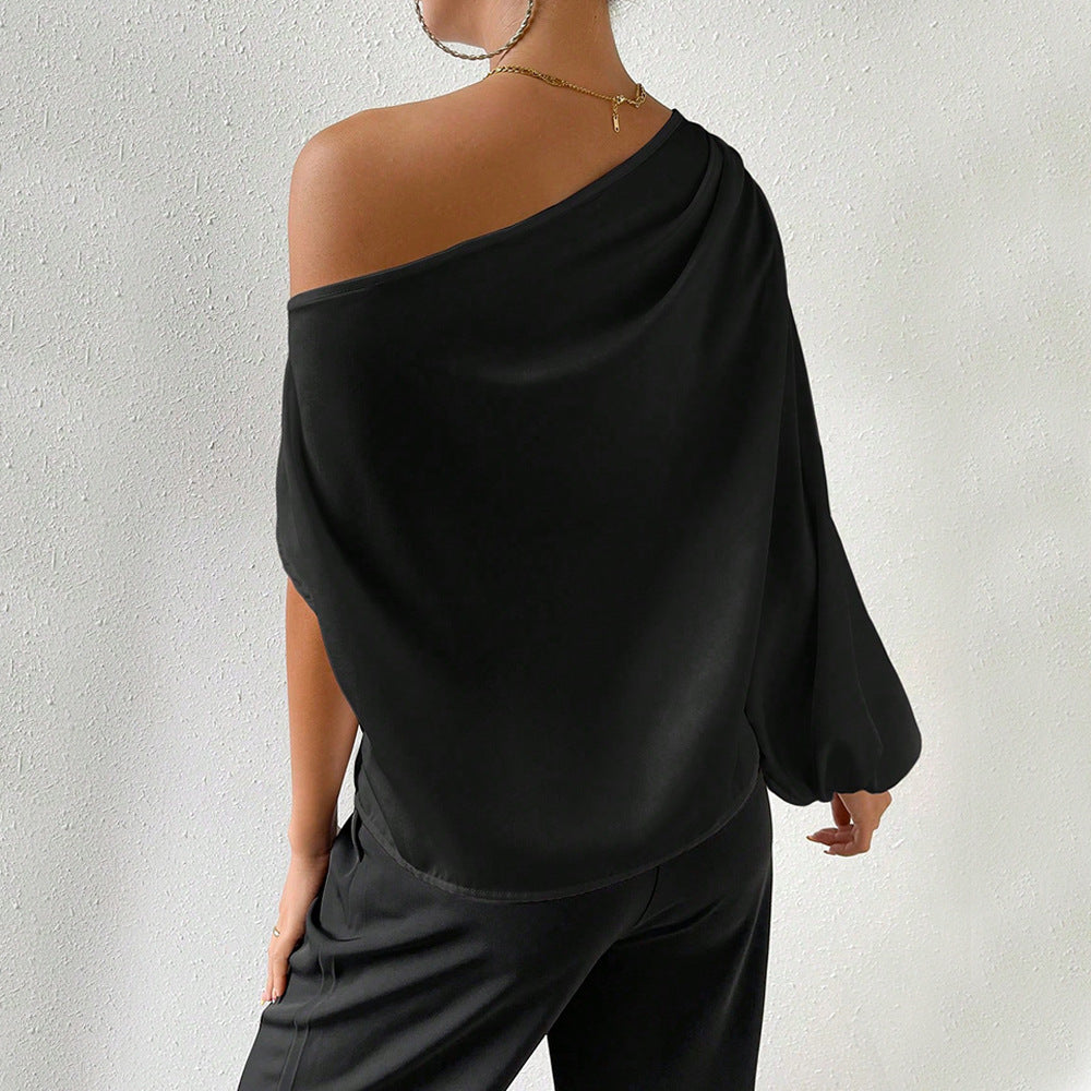 european and american women's clothing  fall/winter elegant one-shoulder long sleeve sexy off-the-shoulder loose fit asymmetrical neckline designer top