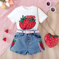 hot-selling baby & toddler cute strawberry print top + heavily embroidered denim short set for girls