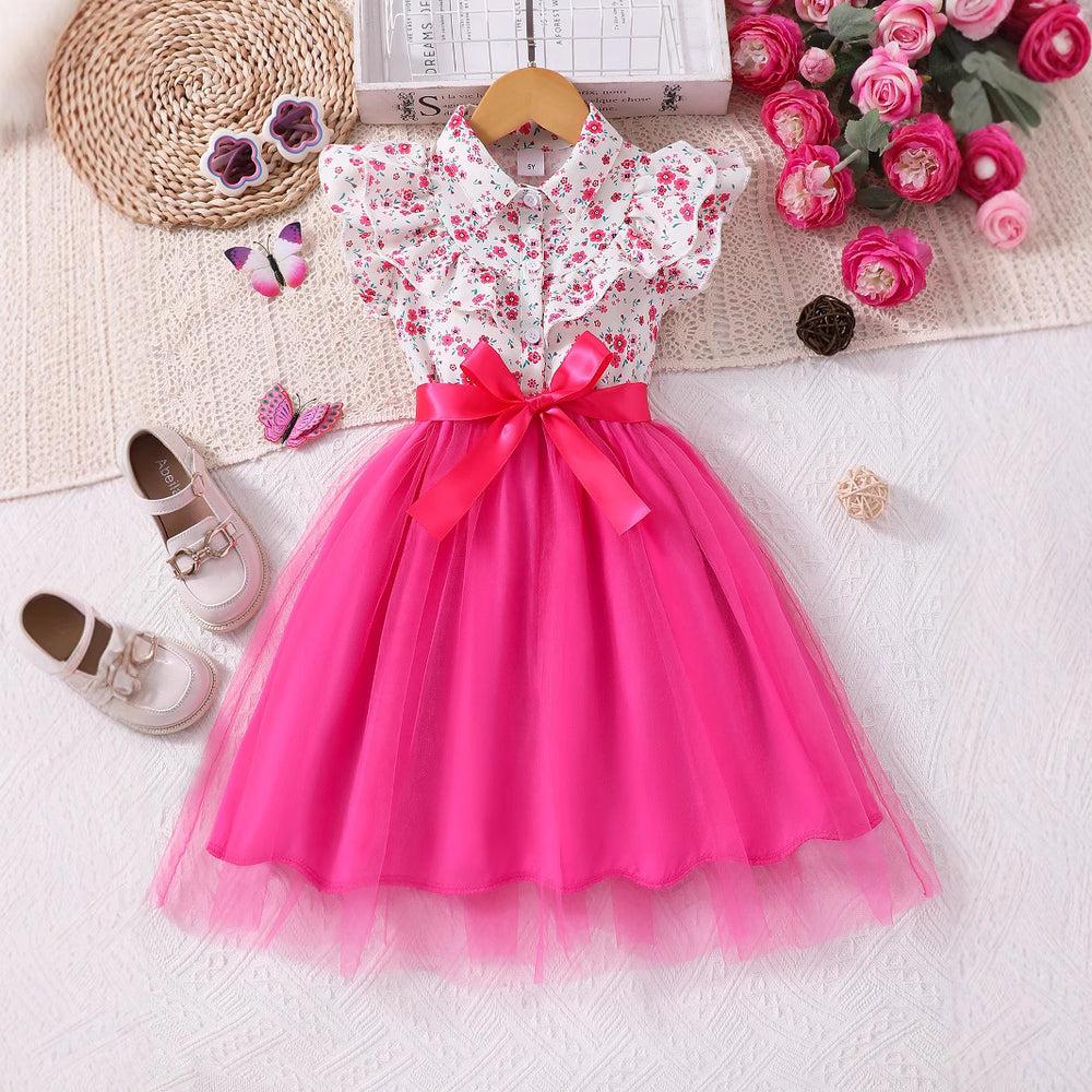 Girls' (toddler) dress, ruffle collar floral mesh dress with woven belt