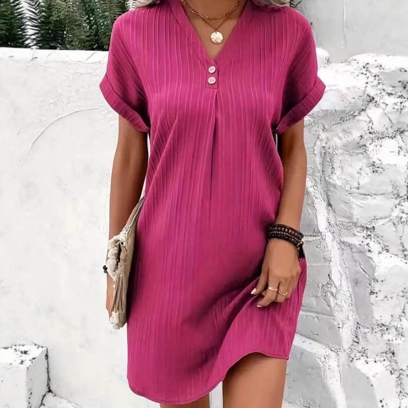 Cross-border European and American women's clothing 2025 new  V-neck solid color pullover comfortable and casual button dress