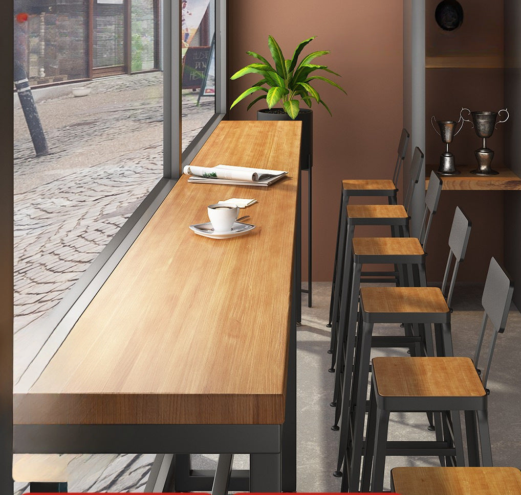 Bar table and chair combination Industrial style wrought iron solid wood bar High foot milk tea shop Cake shop Narrow table against the wall