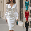 european and american new arrival: elegant satin fitted long-sleeve dress