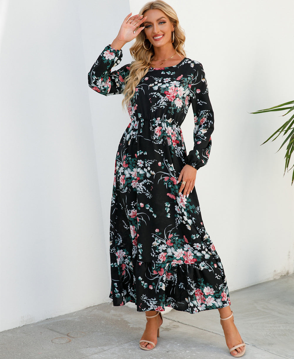 Shopee tk floral dress women's french round neck waist long light mature classysense slimming look cross-border early spring style