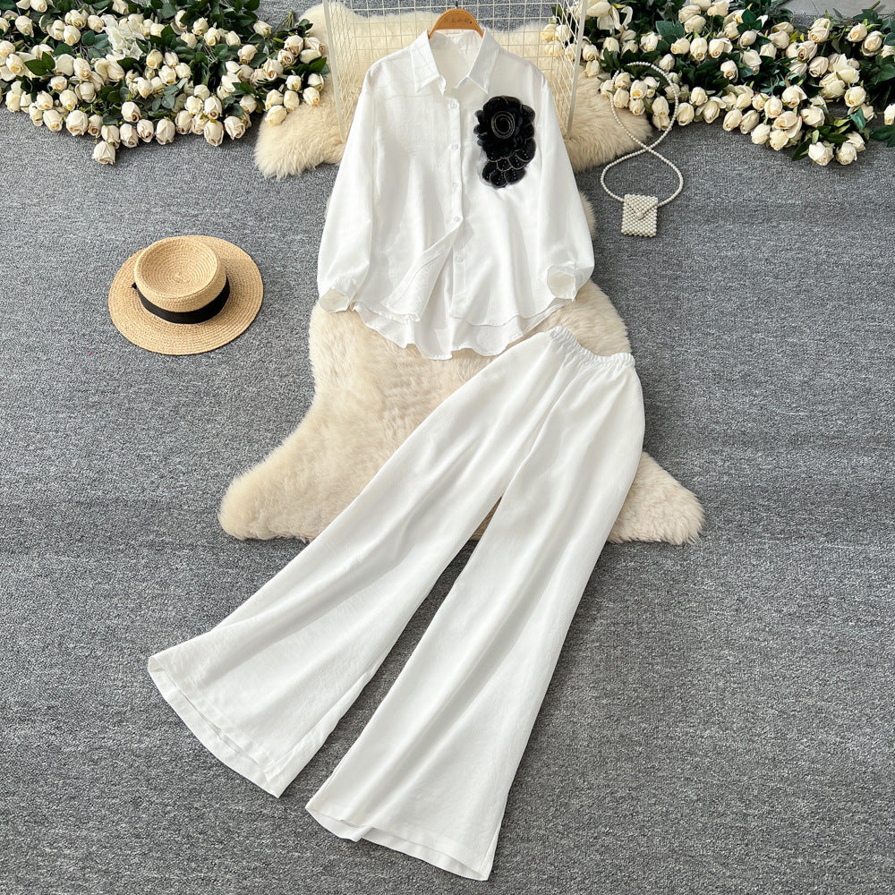 Light mature style wear women's autumn fashion heavy industry beading stereo flower long sleevesshirthigh waistloose wide leg pants