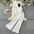 Light mature style wear women's autumn fashion heavy industry beading stereo flower long sleevesshirthigh waistloose wide leg pants