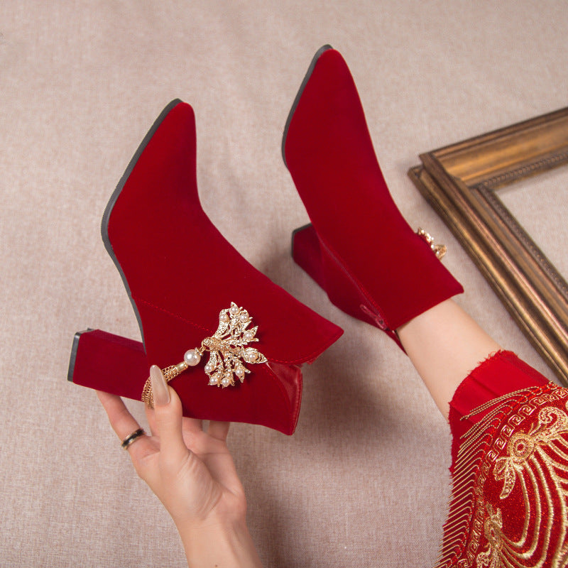 2024fall and winternew arrival thick heel fashion short boots engagement toast red bridal boots xiuhe chinoiserie high heel wedding boots for women