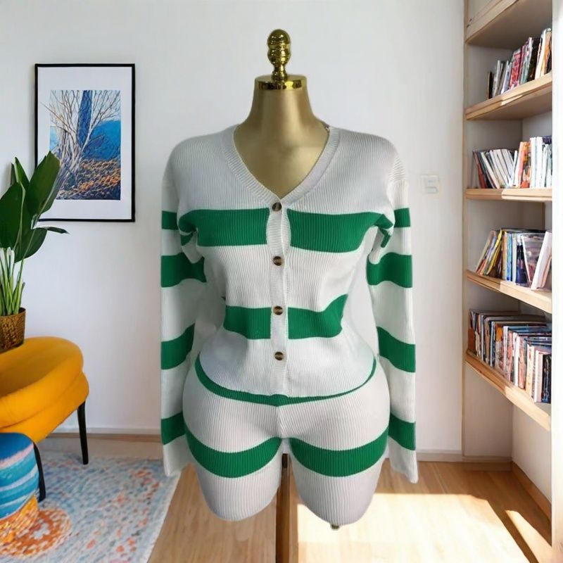 Cross-border spring explosion casual plus long sweater jacket European and American v-neck black and white striped knitted cardigan thin set