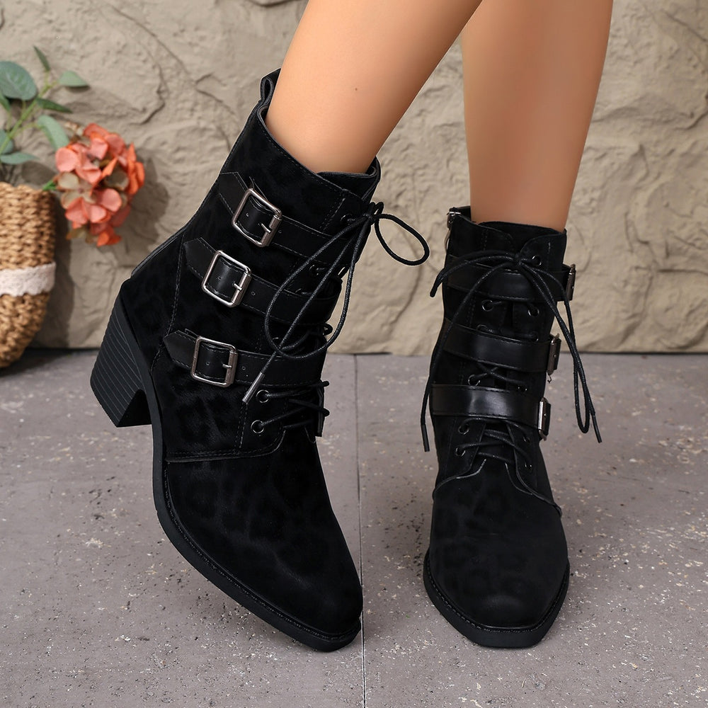 belt buckle mid-calf boots  autumn winternew arrival british style leopard print plus sizeretroboots knight boots