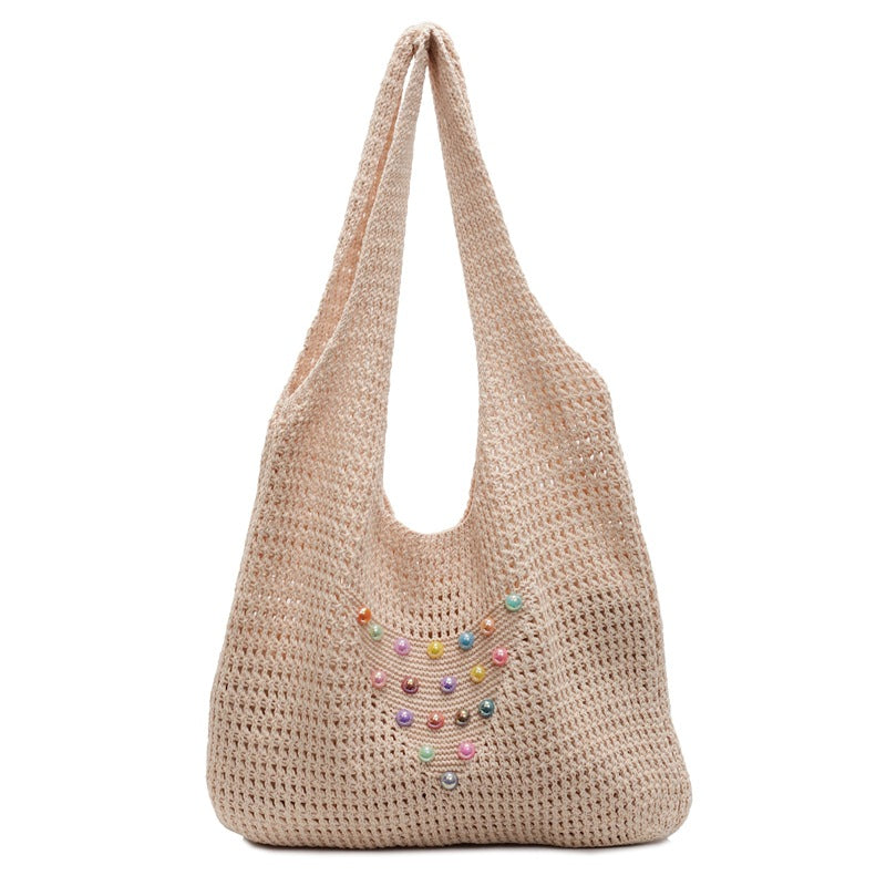 Seaside commuter shoulder tote bag vacation woven bag women's summer colored pearl hollow large capacity underarm bag women