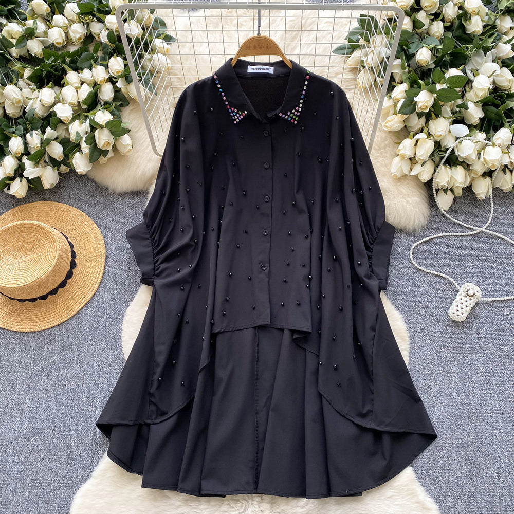 European and american design irregular shirt for women, rhinestone and beaded single-breasted batwing sleeve loose fit mid-length top
