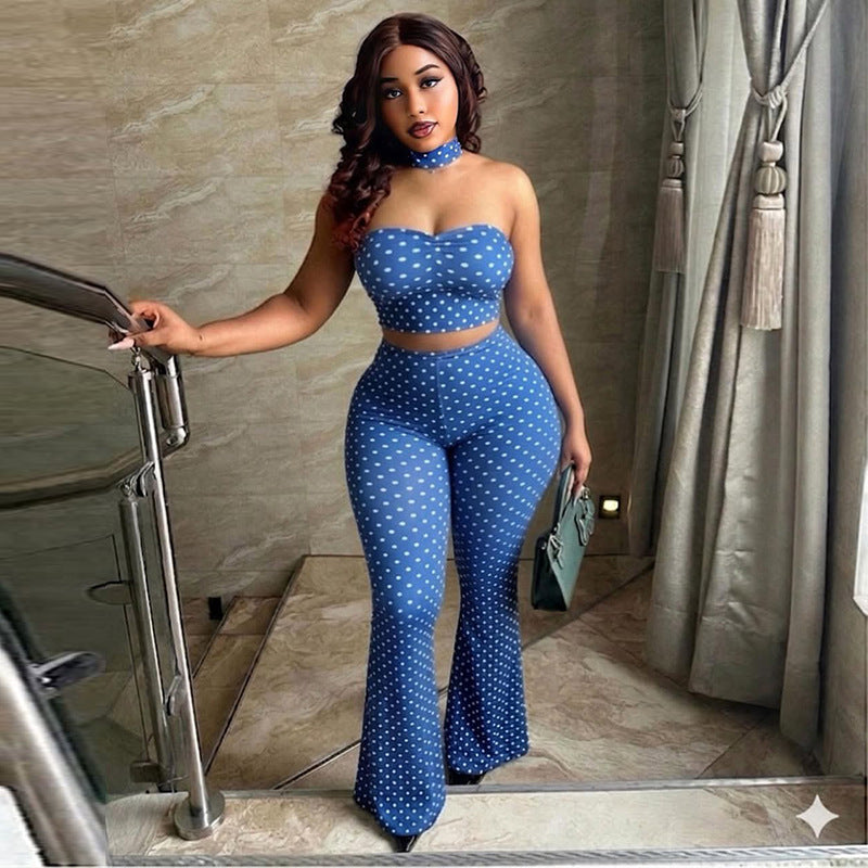 Fashionexportniche stylestylish women's polka dot sexy pants suit chest wrap silm wide leg backless yoga two-piece set