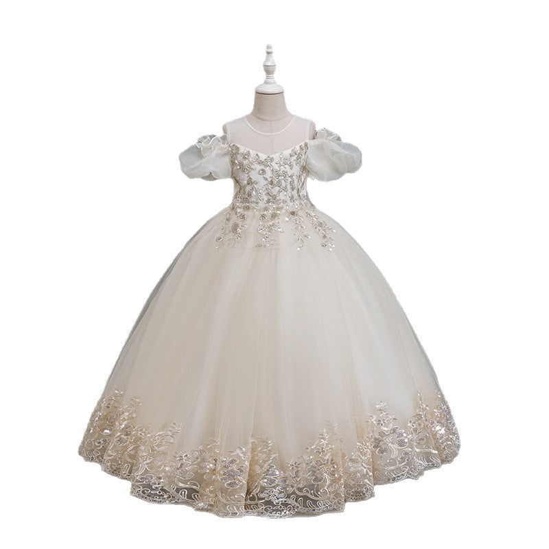 Yimingzhi girls' formal dress - off-the-shoulder, elegant flower girl dress for runway shows and piano performances - ready-to-ship cross-border fashion