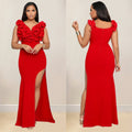 C7013 cross-border   independent station fashionable women's v neck sleeveless long slit dress