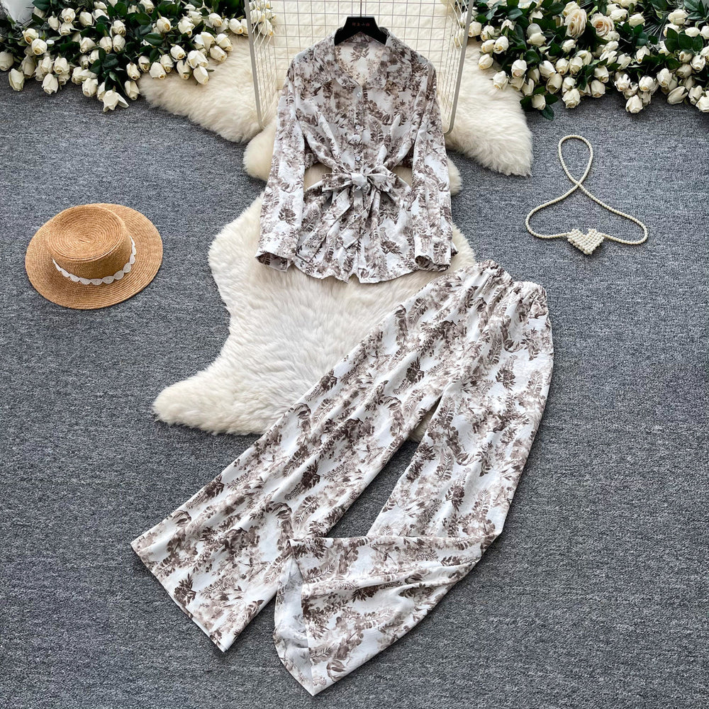 Lightly mature elegance style strappy v necktopshigh waistloose pantstwo-piece set female autumslimming look lazy fashionsuit