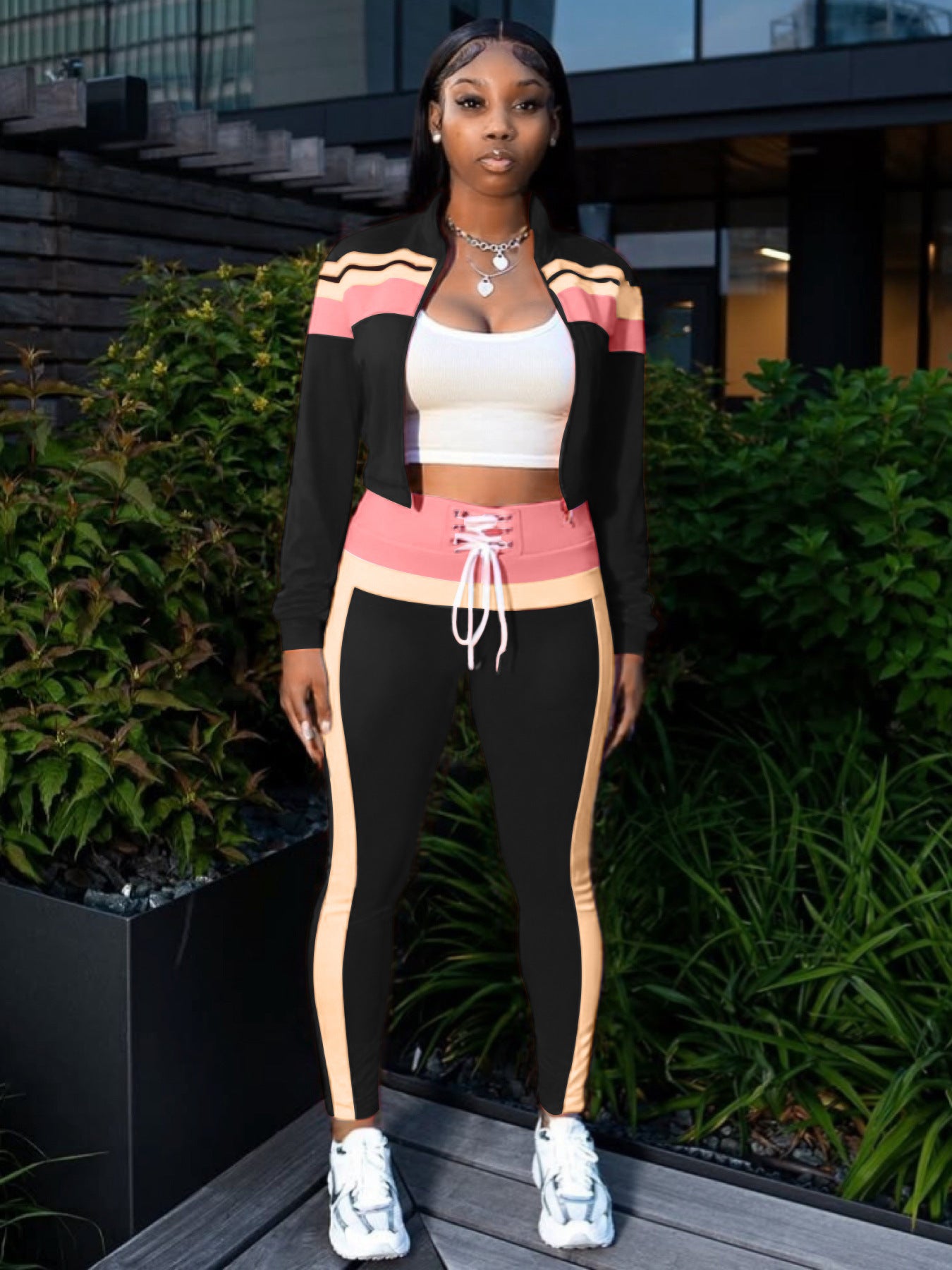 Cross-border European and American fashion street women's clothing contrasting colors splicing long-sleeved zipper cardigan sports and leisure trousers two-piece set