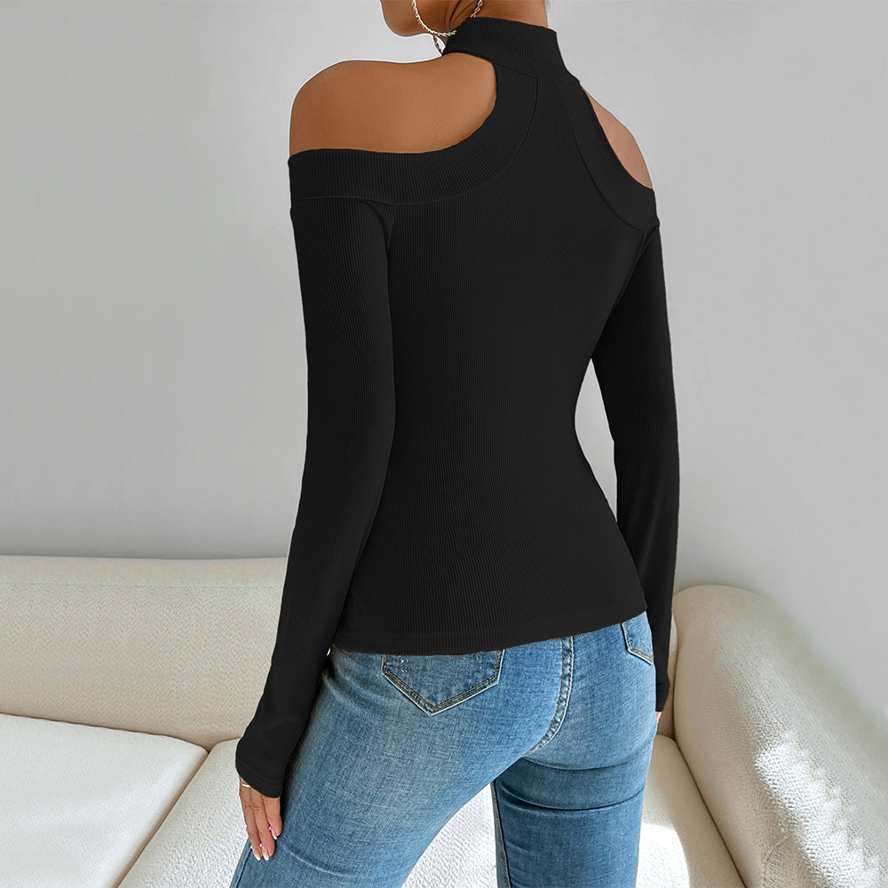 european and american women's clothing  fall/winter new sexy off-the-shoulder slim-fit knitted long-sleeve t-shirt - versatile and chic top