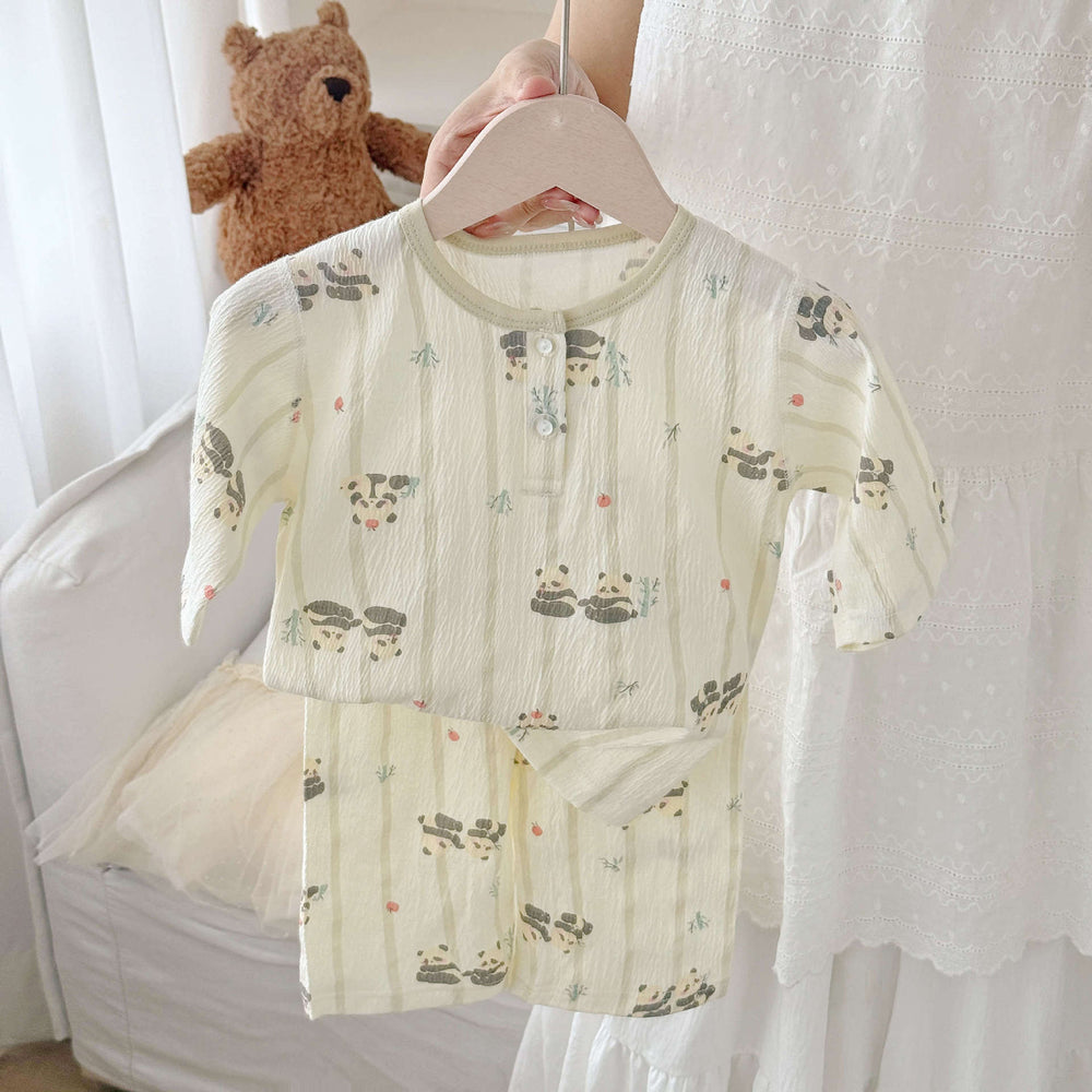 Summer lightweight crinkle cotton baby pure cotton air conditioning suit separates pajamas boys girls three-quarter sleeve loungewear