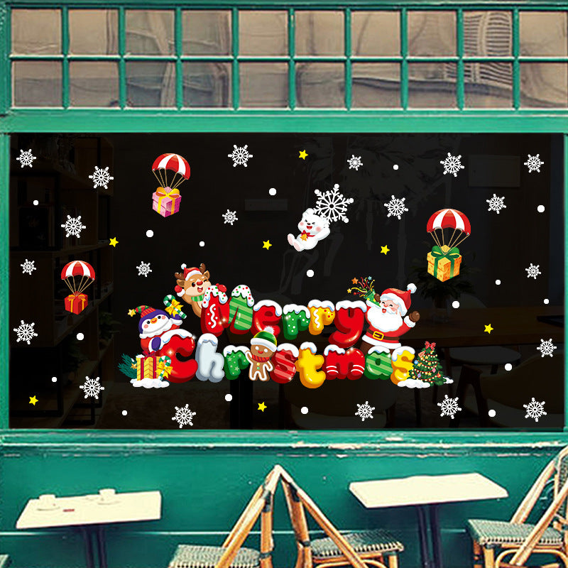 Christmas decoration glass door sticker shop window scene arrangement Santa Claus elk snowflake glue-free static sticker