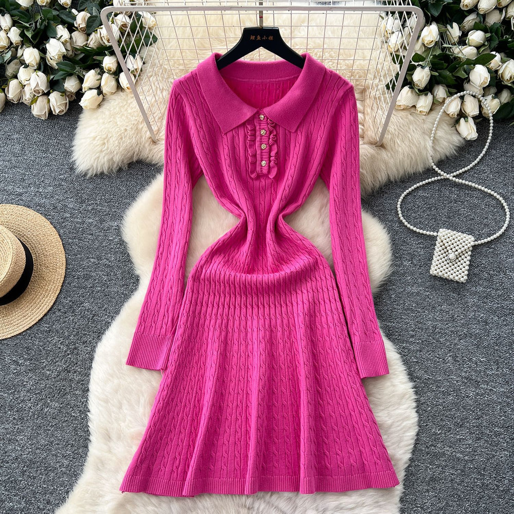 Celebrity niche styleclassy sense lapel fungus edgepatchworklong sleevesknittingdress women's autumn waist slimming looksweater skirt