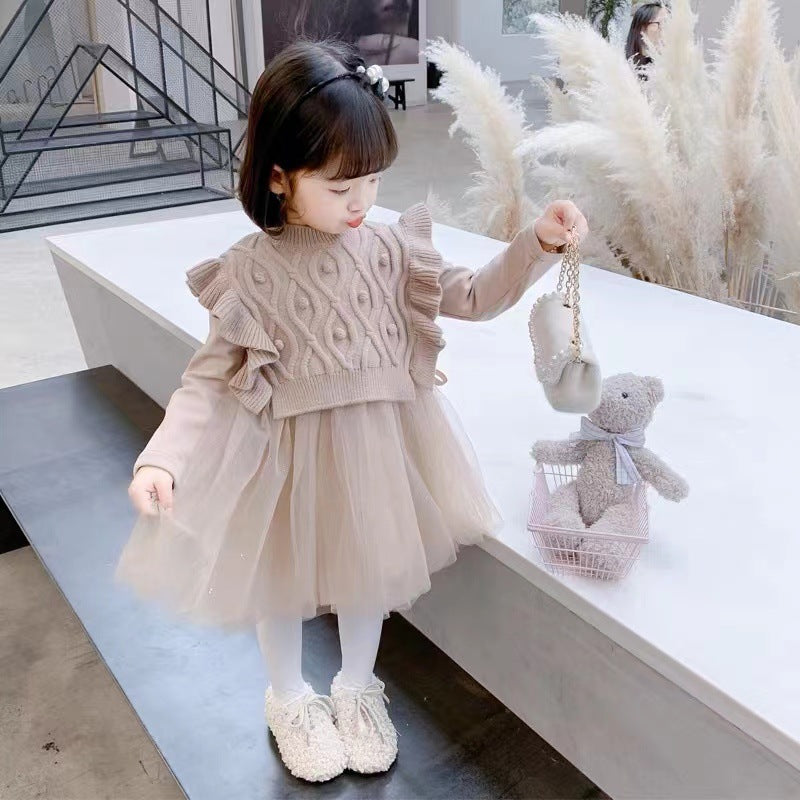 Winter kids' sweater dress set: girls' princess dress with vest - two-piece outfit for baby girls, princess style