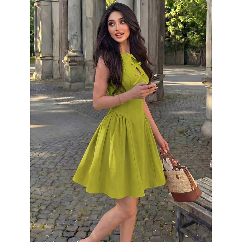 Women's summer new arrival: elegant and romantic solid color round neck bow hollow-out cinched waist a-line sleeveless mini dress