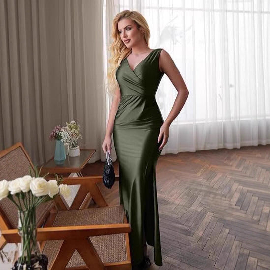 European and american slim-fit solid color chic sexy foreign trade slit satin dress