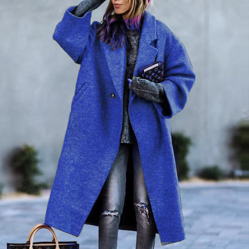 European and american autumn/winter long wool coat - chic, commuter style, beltless, turn-down collar, relaxed fit, wool green coat for women