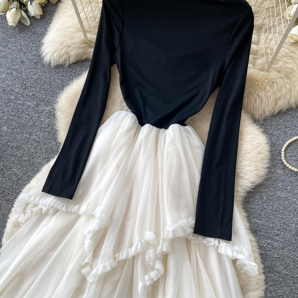 Frenchfake two-piece mesh patchworkdress women's autumn wear slimming look cake skirt rufflespatchwork long skirt elegance style