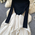 Frenchfake two-piece mesh patchworkdress women's autumn wear slimming look cake skirt rufflespatchwork long skirt elegance style