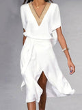 european and american summer fashion trend: mature women's lace-trimmed v-neck tie-up slit casual dress