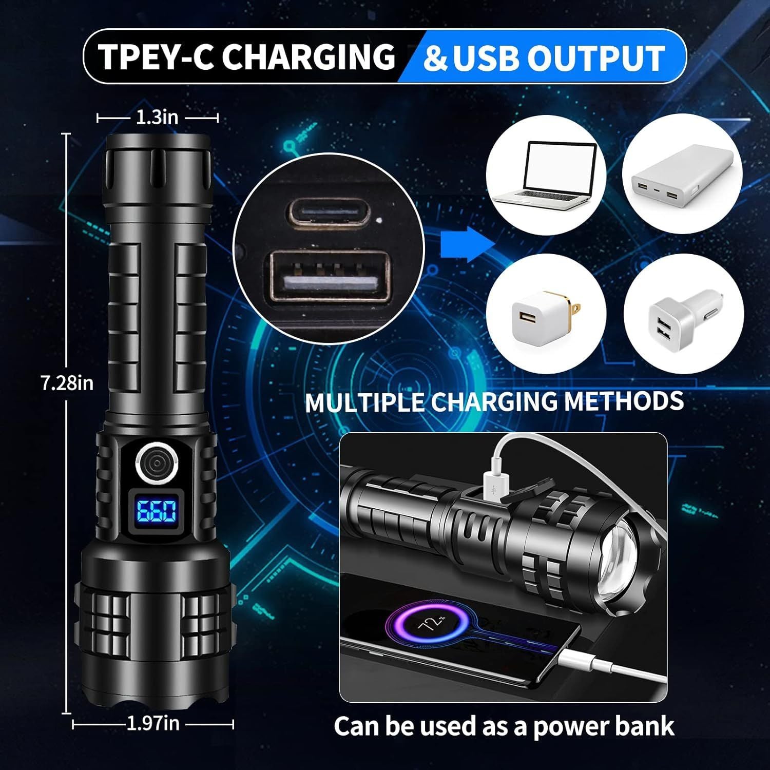 Cross-border explosive led strong light flashlight outdoor remote shooting type-c charging telescopic focusing household emergency flashlight