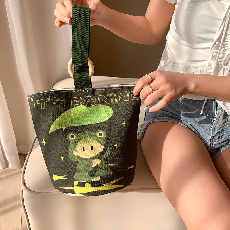 Cute cartoon canvas tote bag for women, 2024 new style handheld bucket bag, large capacity lunch bag, fashionable cloth handbag