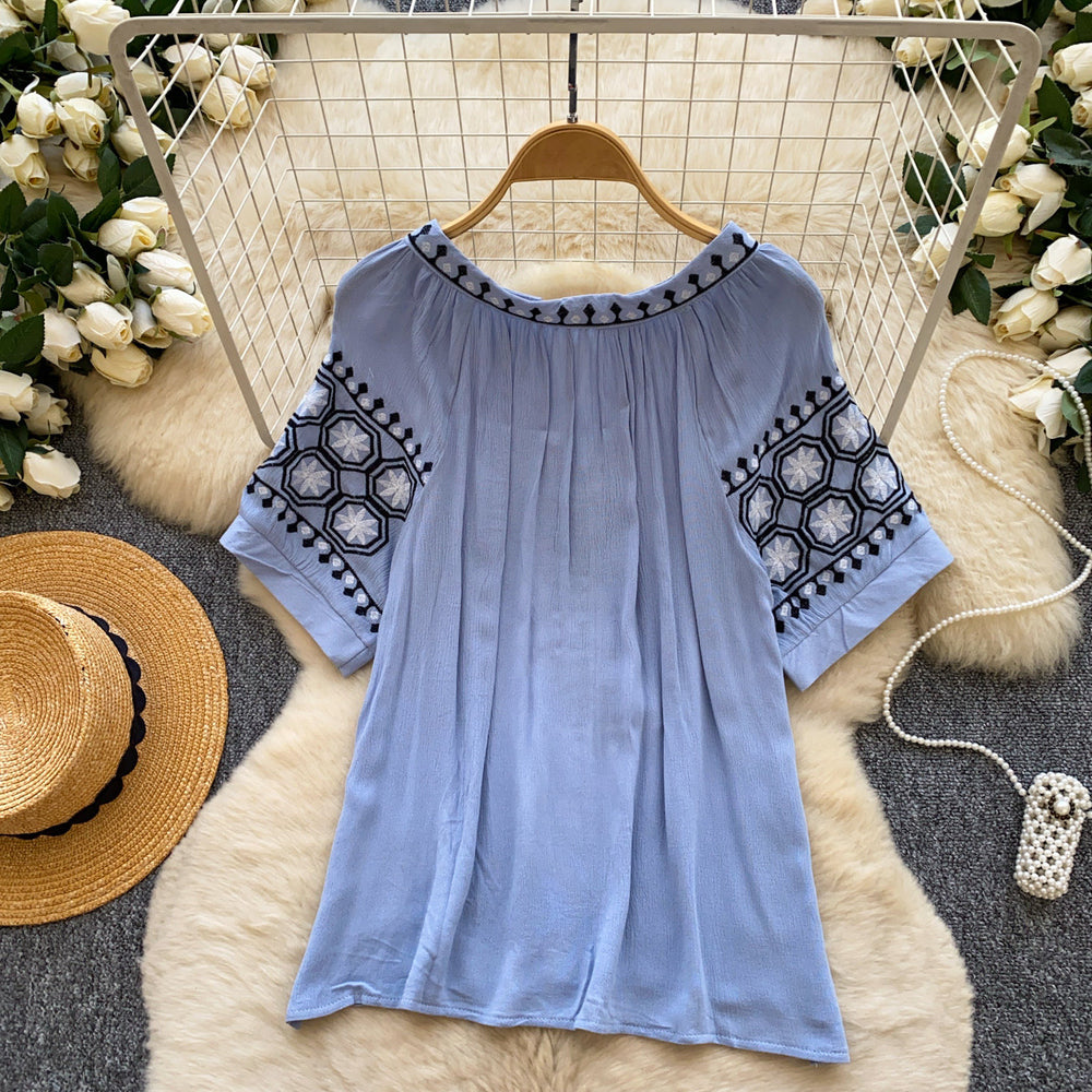 French ethnic style heavy industry embroider short-sleeved t-shirt women's korean style looseslimming look round neck tassel tops