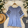 French ethnic style heavy industry embroider short-sleeved t-shirt women's korean style looseslimming look round neck tassel tops