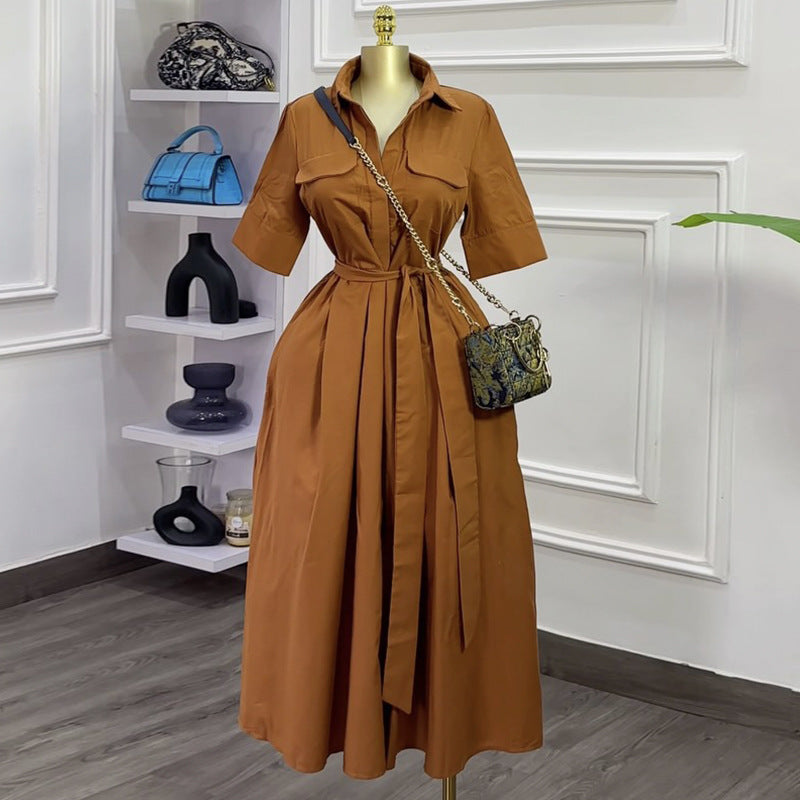 European and american cross-border women's fashion:  spring new arrival - elegant and stylish solid color turn-down collar tie-waist short sleeve shirt dress