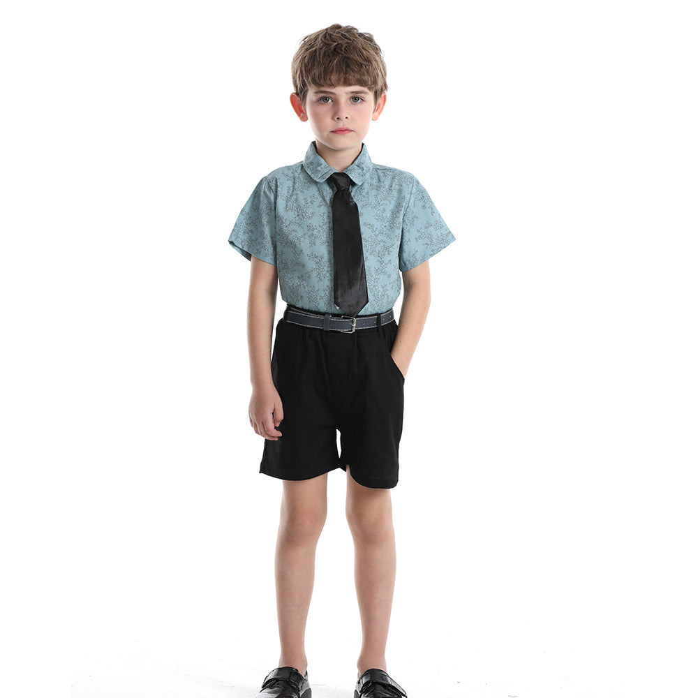 boys' summer floral suit, new kids' stylish short-sleeved floral shirt with trendy tie, baby formal wear