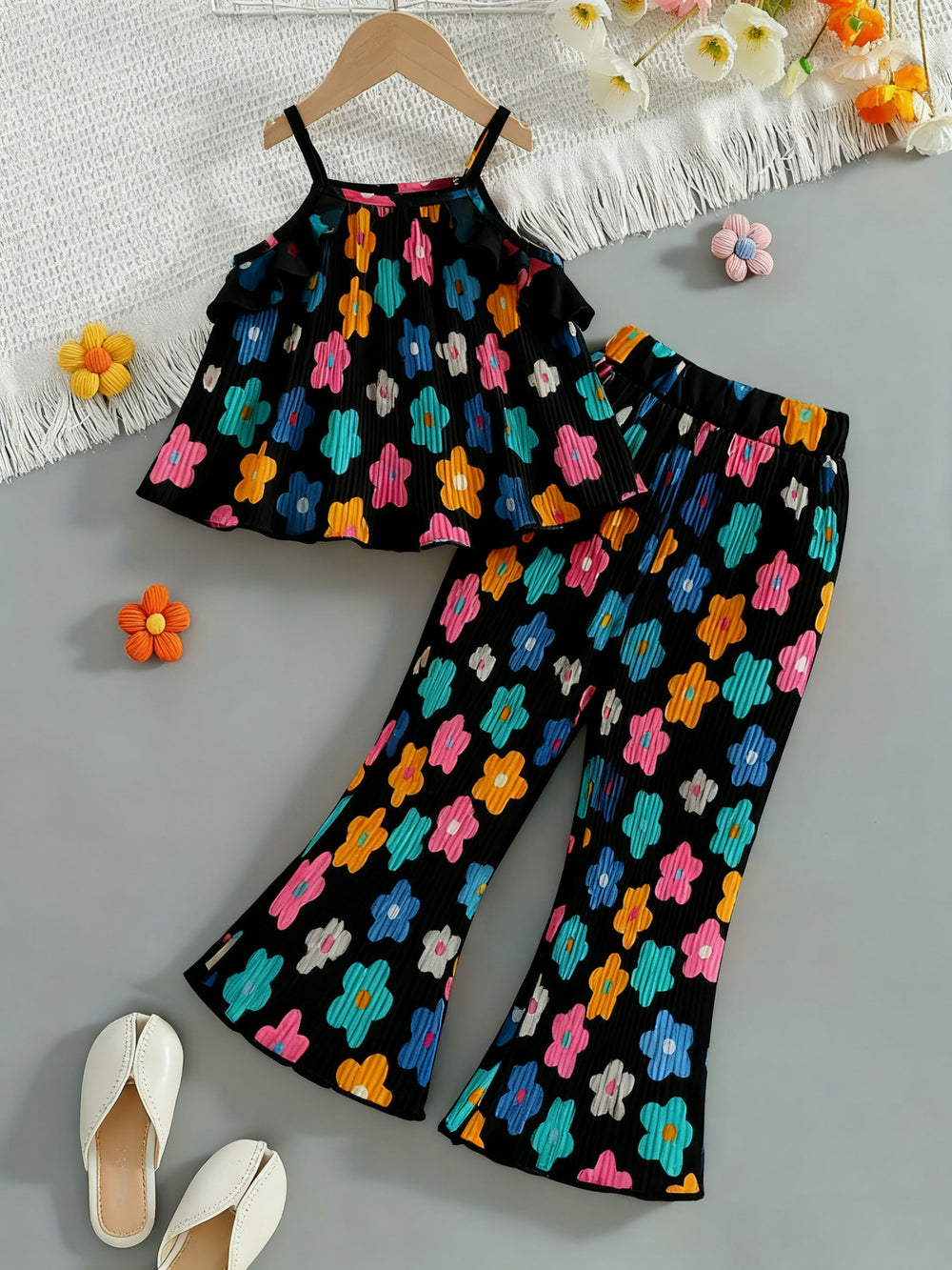 Girls' summer cami set with flared pants - dopamine floral print, ruffle collar, korean style two-piece outfit