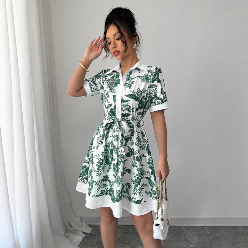 Aliexpress cross-border new arrival: european and american style women's summer printed tie-waist single-breasted dress