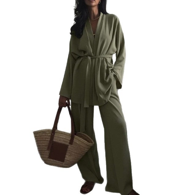 Cross-border new simple design set women's waist lace-up cardigan trousers  autumn leisure home two-piece set