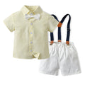 Wholesale children's clothing direct from the manufacturer: boys' preppy-style short-sleeved plaid shirt and suspender shorts set, dropshipping available