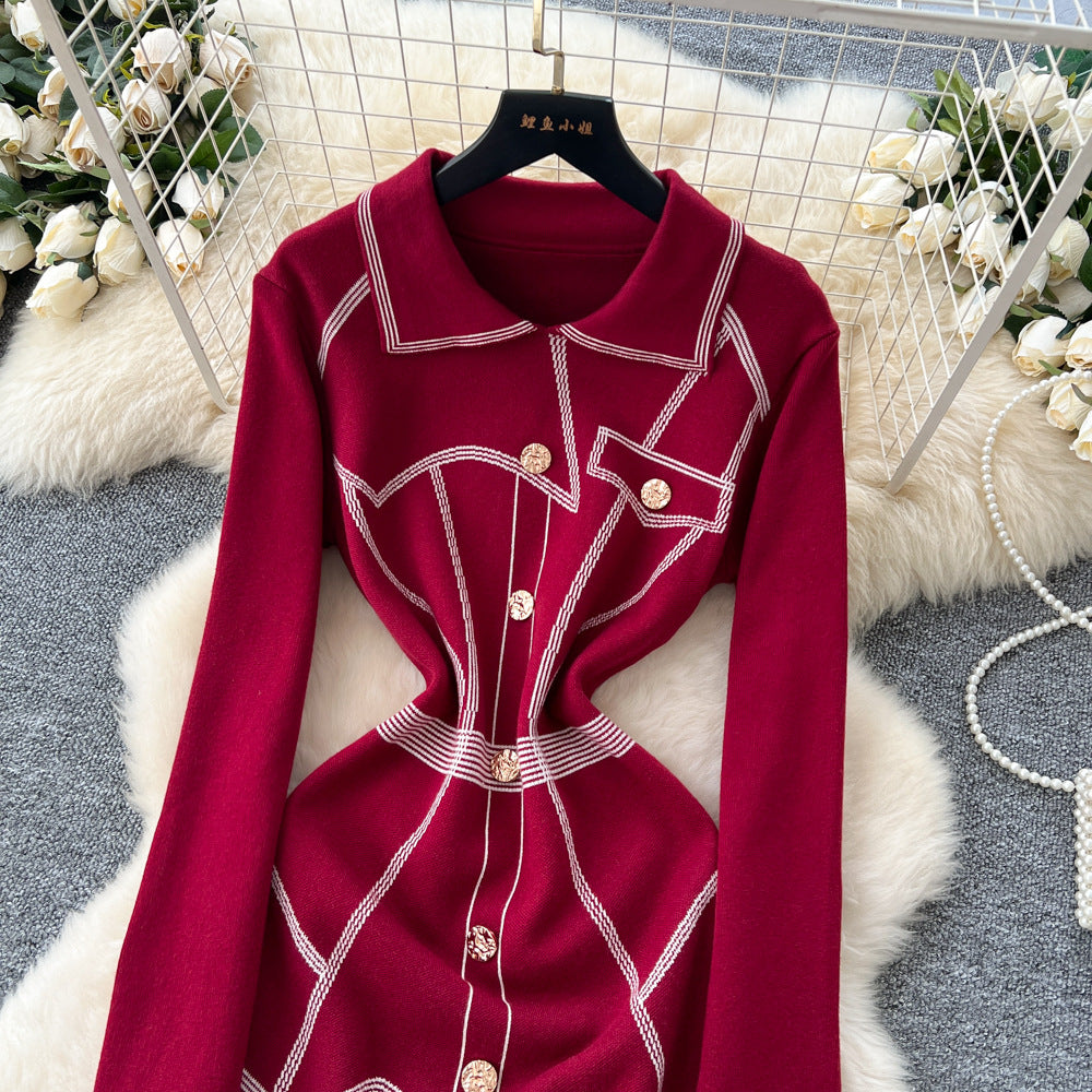 French chic chanel-inspired heavy embellished metal buckle lapel long sleeve slim fit knit dress - women's autumn sweater dress