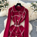 French chic chanel-inspired heavy embellished metal buckle lapel long sleeve slim fit knit dress - women's autumn sweater dress