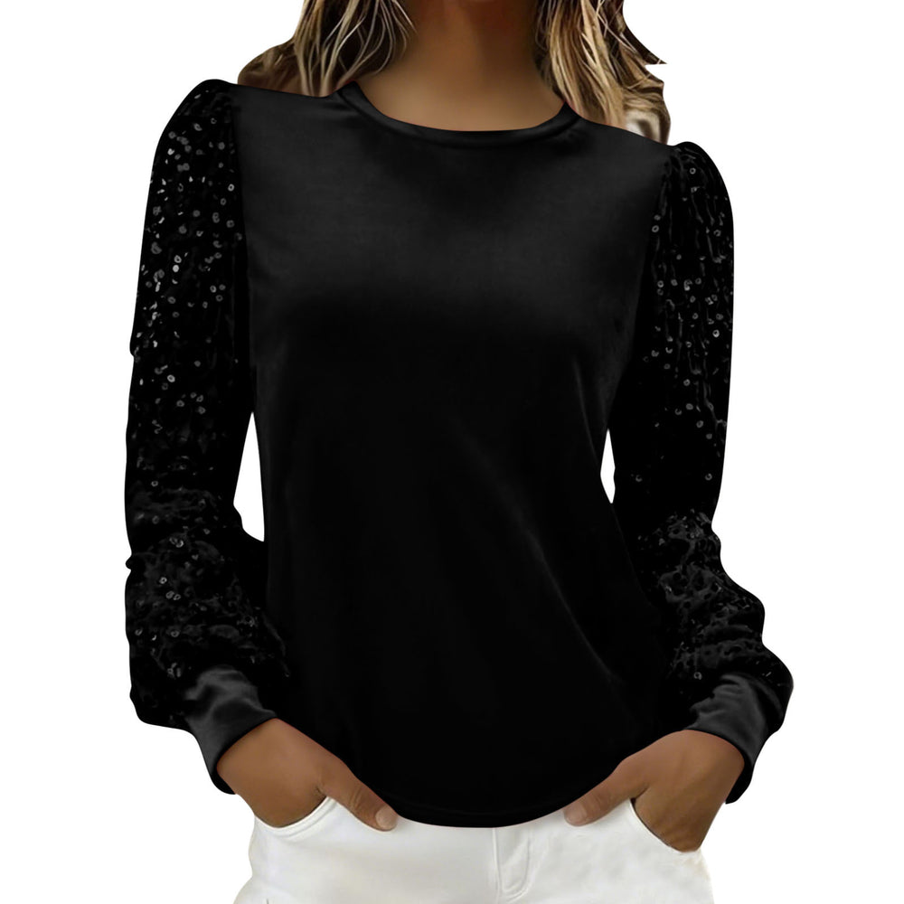 new arrival: independent e-commerce fashion women's gold velvet crew neck sequin patchwork long sleeve t-shirt top (us & european style)