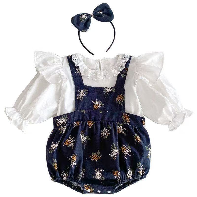 Floral print baby doll shirt & suspender pants set - korean style long sleeve autumn outfit (2-piece)