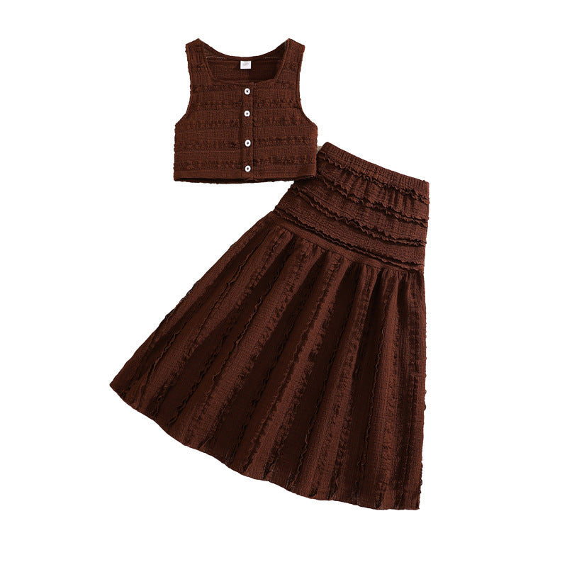 spring/summer girls' outfit: fresh & chic sleeveless top with ruched midi skirt set